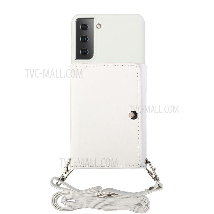 Leather Wallet Kickstand Phone Cover Case with Shoulder Strap for Samsung Galaxy S21+ 5G - White-3