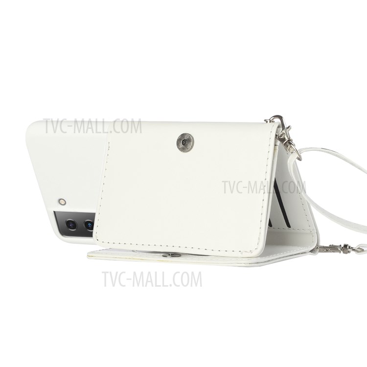 Leather Wallet Kickstand Phone Cover Case with Shoulder Strap for Samsung Galaxy S21+ 5G - White-4