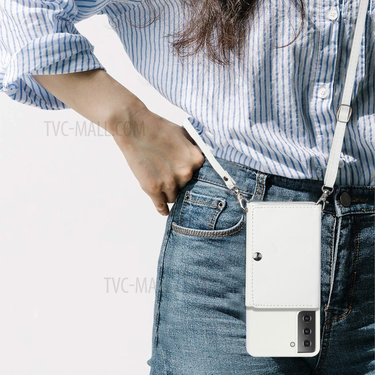 Leather Wallet Kickstand Phone Cover Case with Shoulder Strap for Samsung Galaxy S21+ 5G - White-5