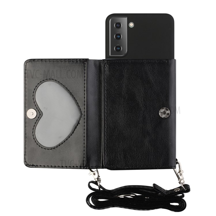 Leather Wallet Kickstand Phone Cover Case with Shoulder Strap for Samsung Galaxy S21 5G - Black-1