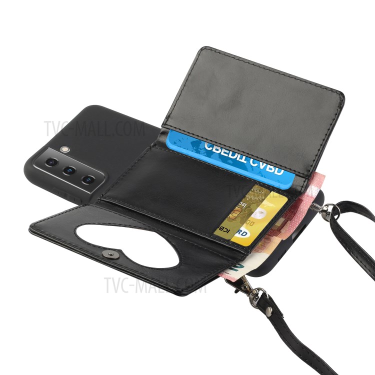 Leather Wallet Kickstand Phone Cover Case with Shoulder Strap for Samsung Galaxy S21 5G - Black-2