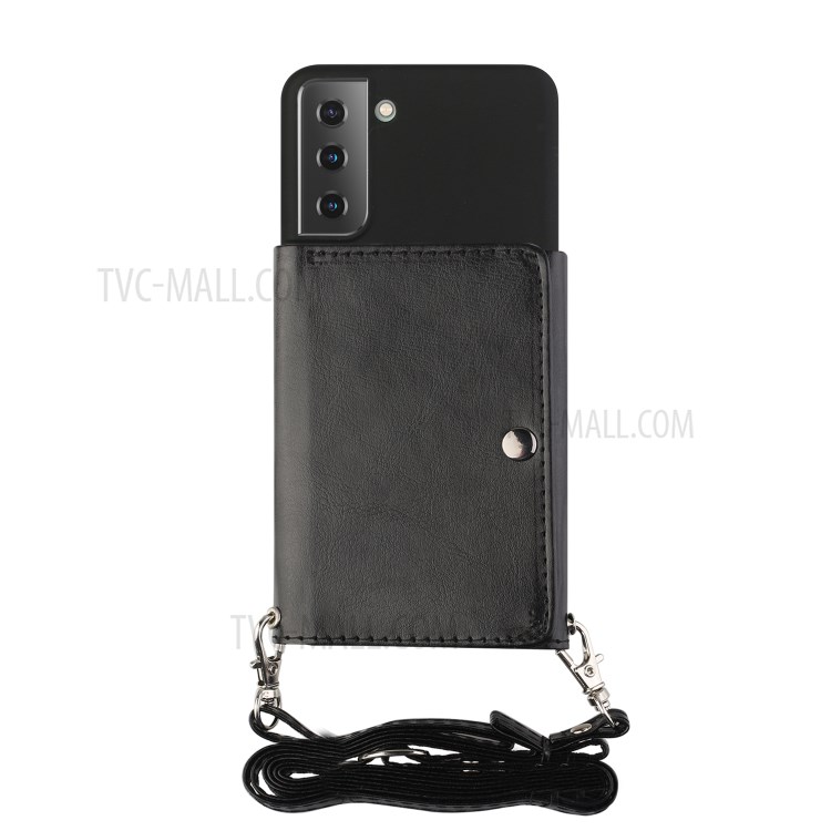 Leather Wallet Kickstand Phone Cover Case with Shoulder Strap for Samsung Galaxy S21 5G - Black-3