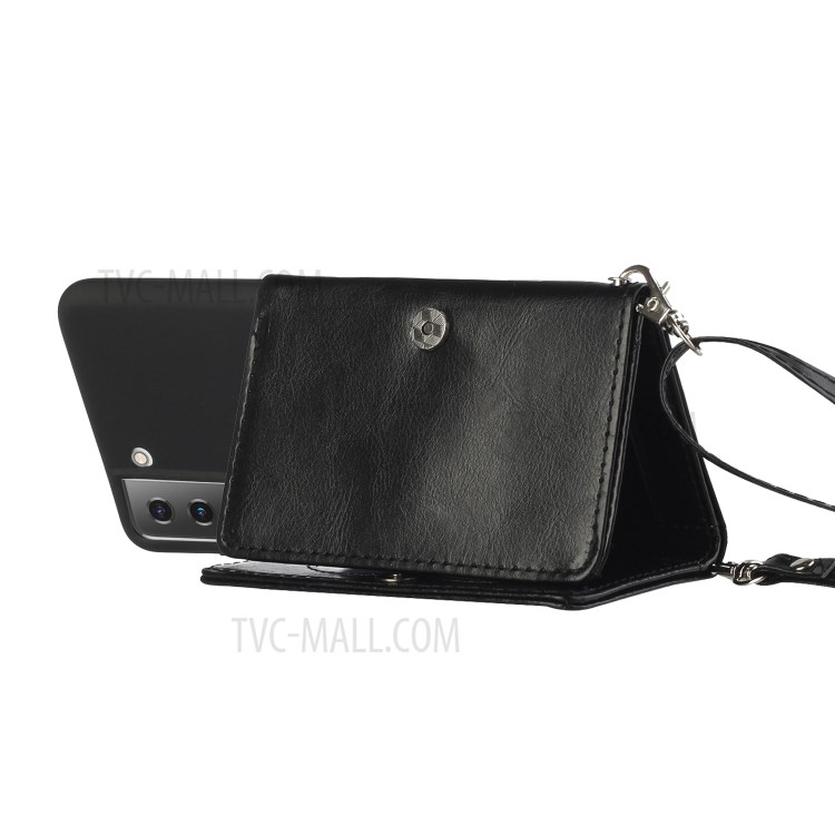 Leather Wallet Kickstand Phone Cover Case with Shoulder Strap for Samsung Galaxy S21 5G - Black-4