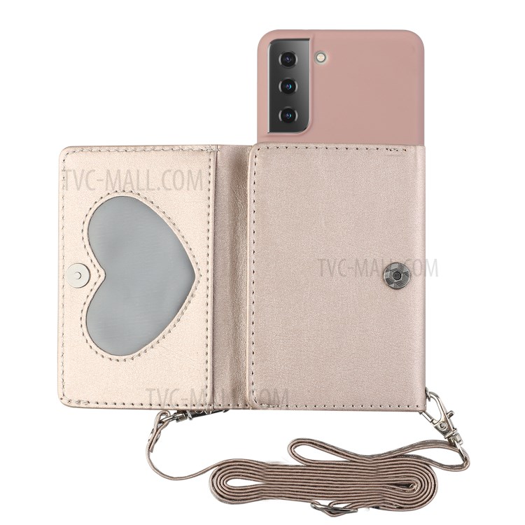 Leather Wallet Kickstand Phone Cover Case with Shoulder Strap for Samsung Galaxy S21 5G - Pink-1