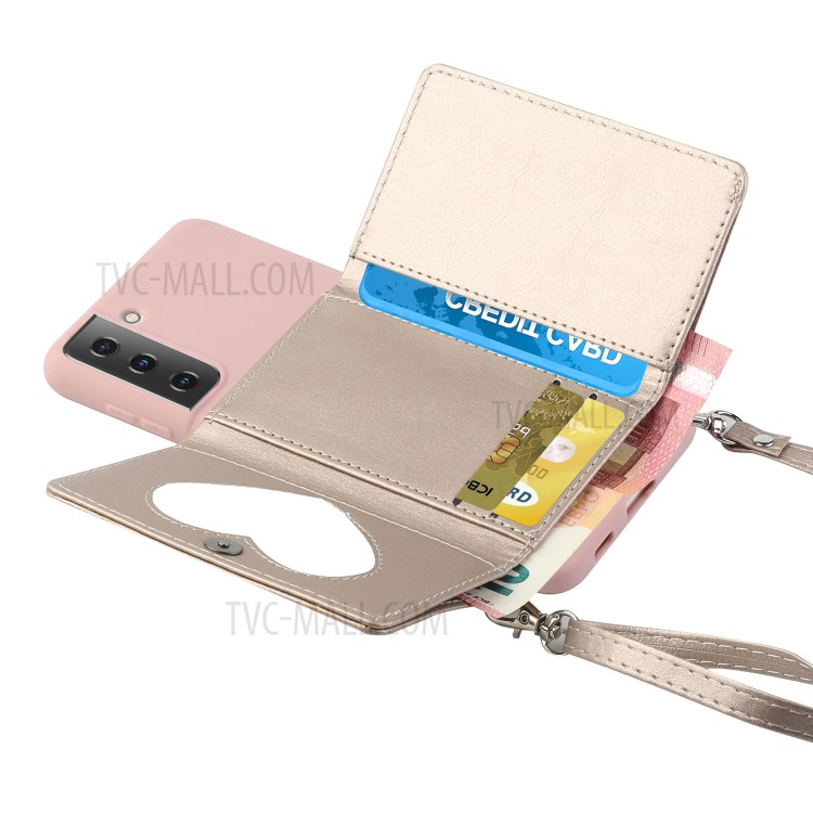 Leather Wallet Kickstand Phone Cover Case with Shoulder Strap for Samsung Galaxy S21 5G - Pink-2