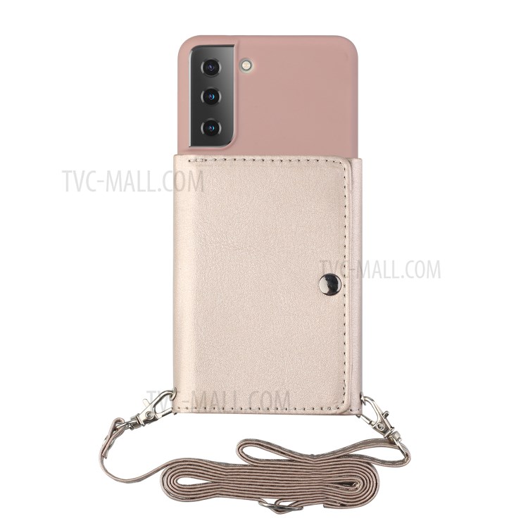 Leather Wallet Kickstand Phone Cover Case with Shoulder Strap for Samsung Galaxy S21 5G - Pink-3
