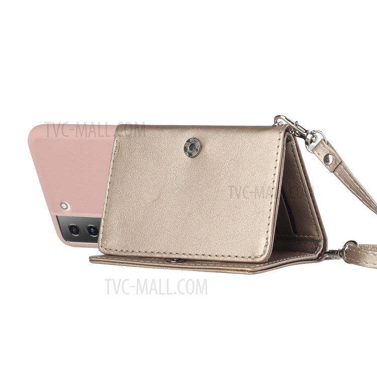 Leather Wallet Kickstand Phone Cover Case with Shoulder Strap for Samsung Galaxy S21 5G - Pink-4
