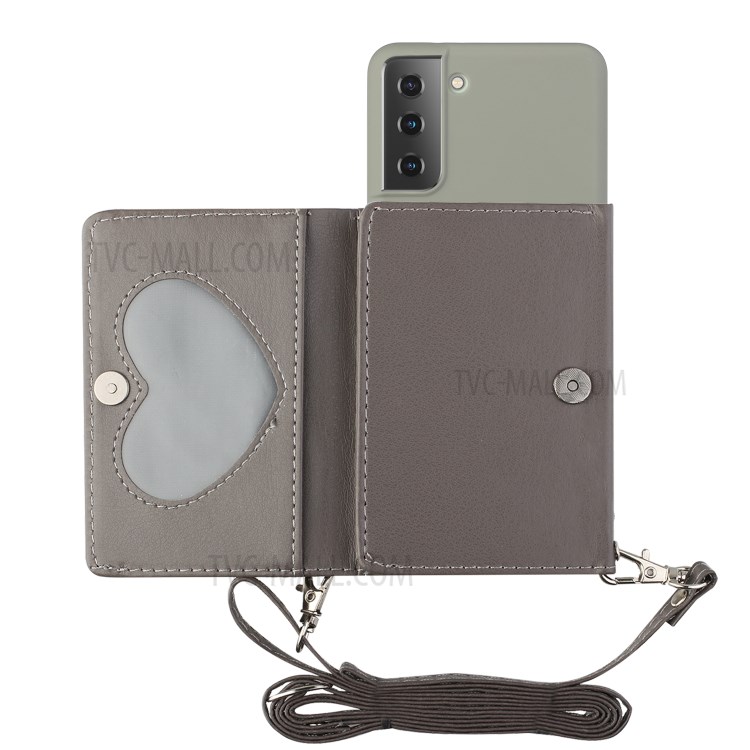 Leather Wallet Kickstand Phone Cover Case with Shoulder Strap for Samsung Galaxy S21 5G - Grey-1