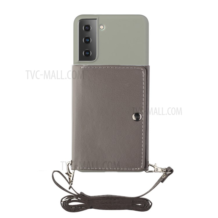 Leather Wallet Kickstand Phone Cover Case with Shoulder Strap for Samsung Galaxy S21 5G - Grey-3
