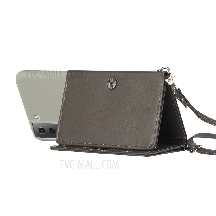 Leather Wallet Kickstand Phone Cover Case with Shoulder Strap for Samsung Galaxy S21 5G - Grey-4