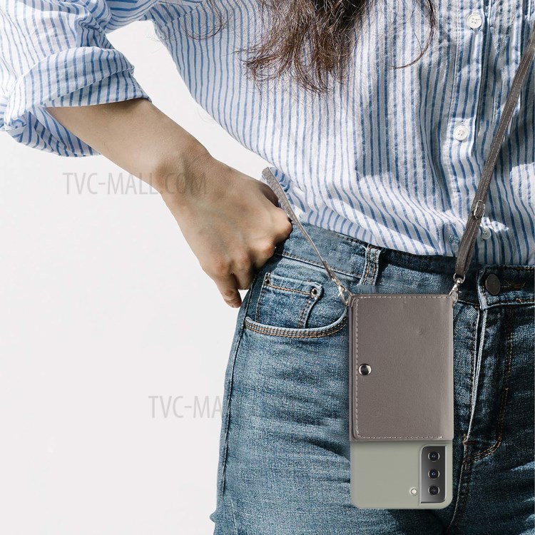 Leather Wallet Kickstand Phone Cover Case with Shoulder Strap for Samsung Galaxy S21 5G - Grey-5