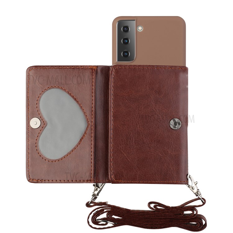 Leather Wallet Kickstand Phone Cover Case with Shoulder Strap for Samsung Galaxy S21 5G - Coffee-1