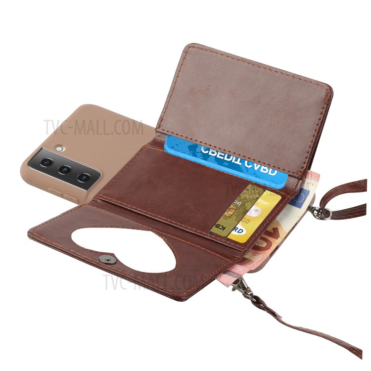 Leather Wallet Kickstand Phone Cover Case with Shoulder Strap for Samsung Galaxy S21 5G - Coffee-2