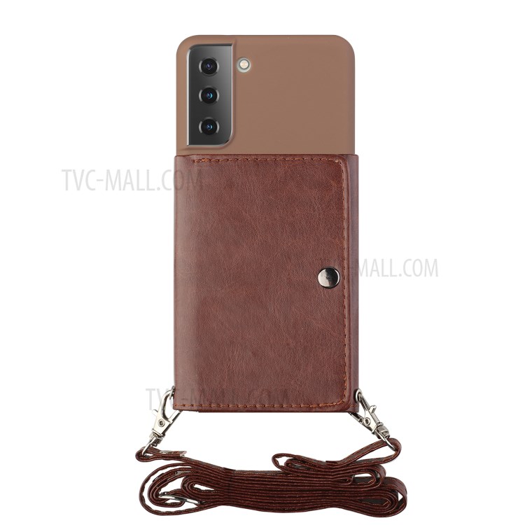 Leather Wallet Kickstand Phone Cover Case with Shoulder Strap for Samsung Galaxy S21 5G - Coffee-3