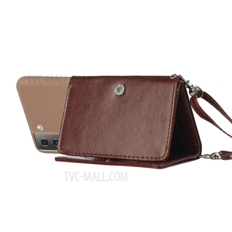 Leather Wallet Kickstand Phone Cover Case with Shoulder Strap for Samsung Galaxy S21 5G - Coffee-4