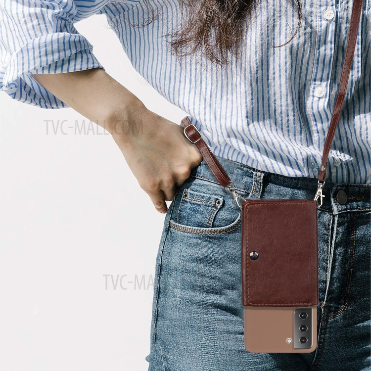 Leather Wallet Kickstand Phone Cover Case with Shoulder Strap for Samsung Galaxy S21 5G - Coffee-5