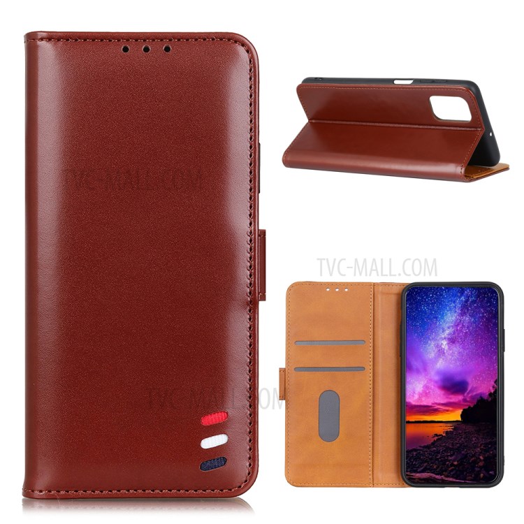 Smooth Surface Leather Wallet Phone Case with Stand for Samsung Galaxy A02s (EU Version) - Brown-1