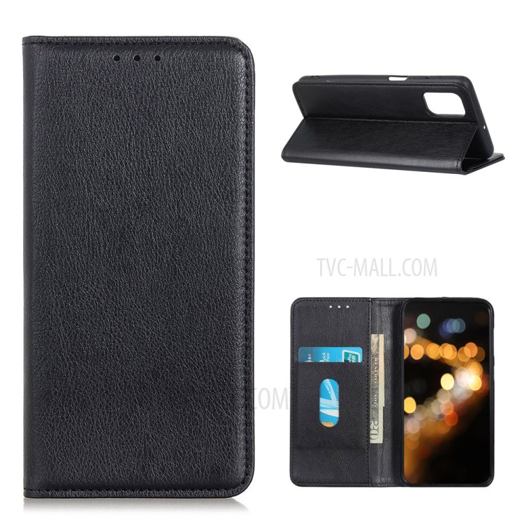 For Samsung Galaxy A02s (EU Version) Auto-absorbed Litchi Texture Split Leather Wallet Stand Cover - Black-1