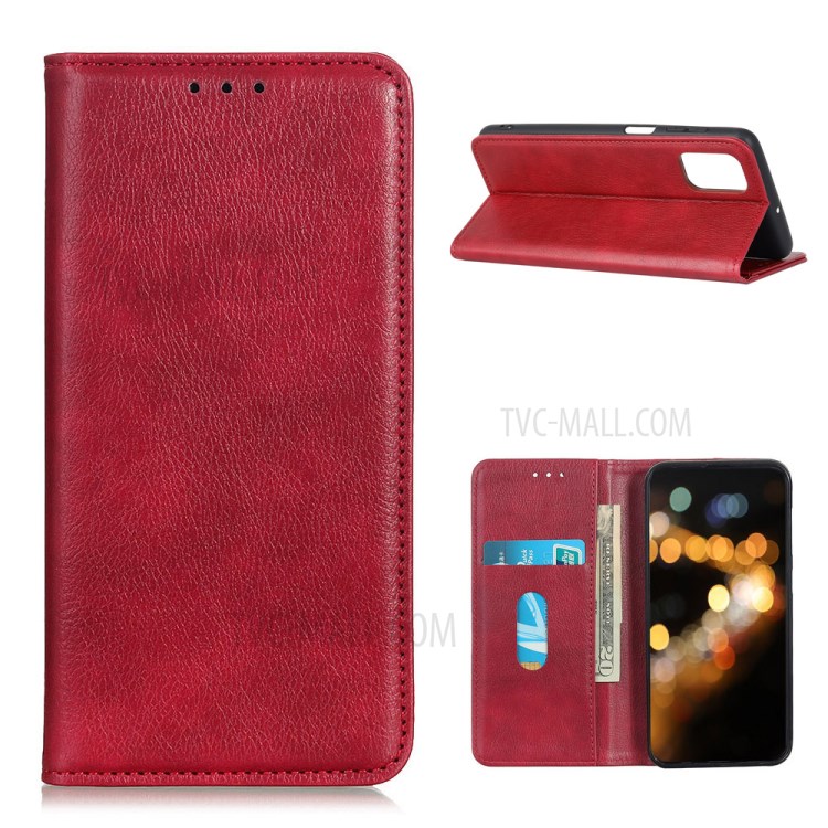 For Samsung Galaxy A02s (EU Version) Auto-absorbed Litchi Texture Split Leather Wallet Stand Cover - Red-1