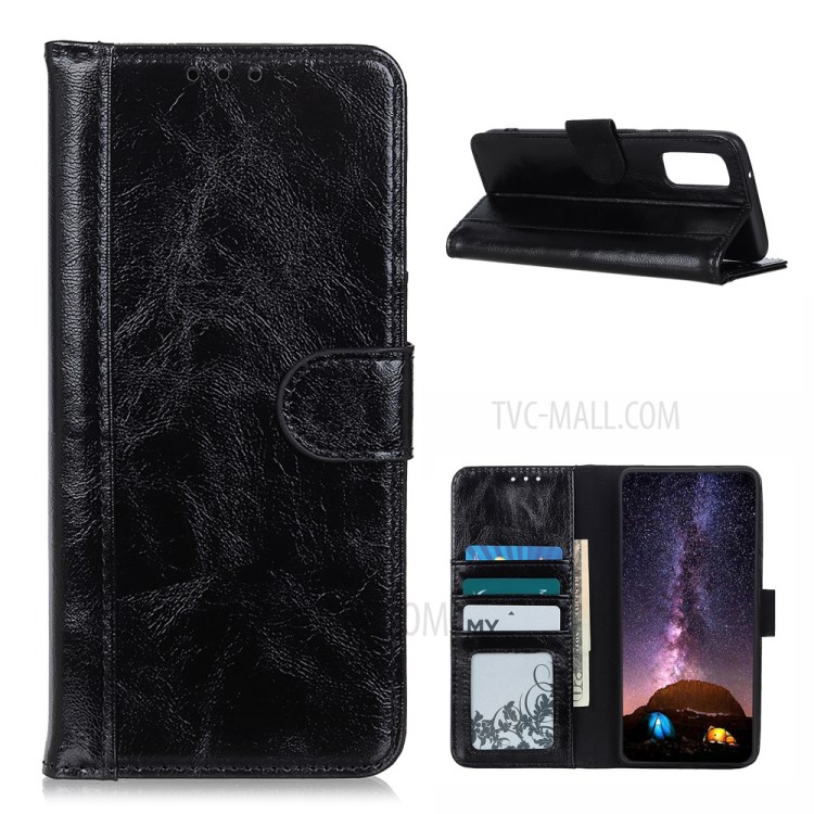 Phone Case for Samsung Galaxy A02s (EU Version) Crazy Horse Texture Leather Stand Cover - Black-1