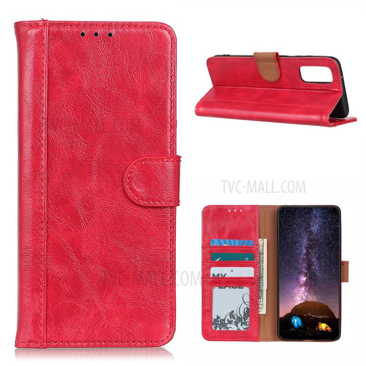 Phone Case for Samsung Galaxy A02s (EU Version) Crazy Horse Texture Leather Stand Cover - Red-1