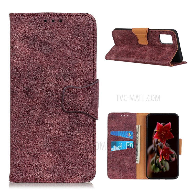 Retro Style Split Leather Phone Case Wallet Stand Design for Samsung Galaxy A02s (EU Version) - Wine Red-1