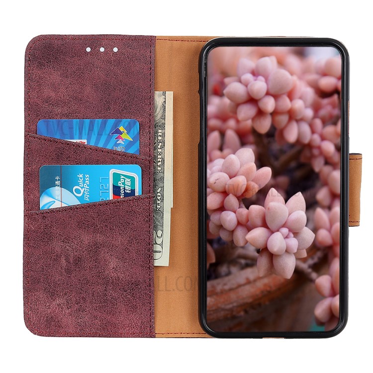 Retro Style Split Leather Phone Case Wallet Stand Design for Samsung Galaxy A02s (EU Version) - Wine Red-7