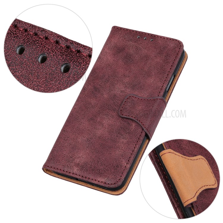 Retro Style Split Leather Phone Case Wallet Stand Design for Samsung Galaxy A02s (EU Version) - Wine Red-8