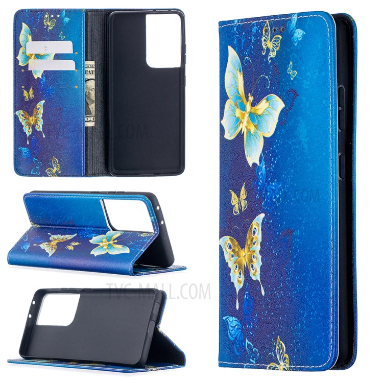 Automatic Suction PU Leather Wallet Stand Phone Case with Pattern Printing for Samsung Galaxy S21 Ultra - Golden Butterflies-1