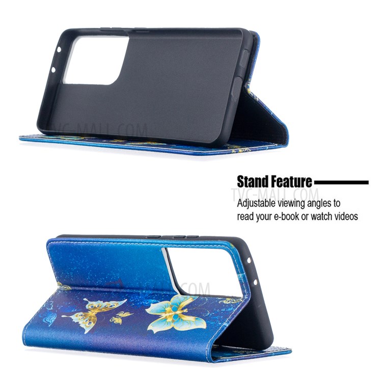 Automatic Suction PU Leather Wallet Stand Phone Case with Pattern Printing for Samsung Galaxy S21 Ultra - Golden Butterflies-2