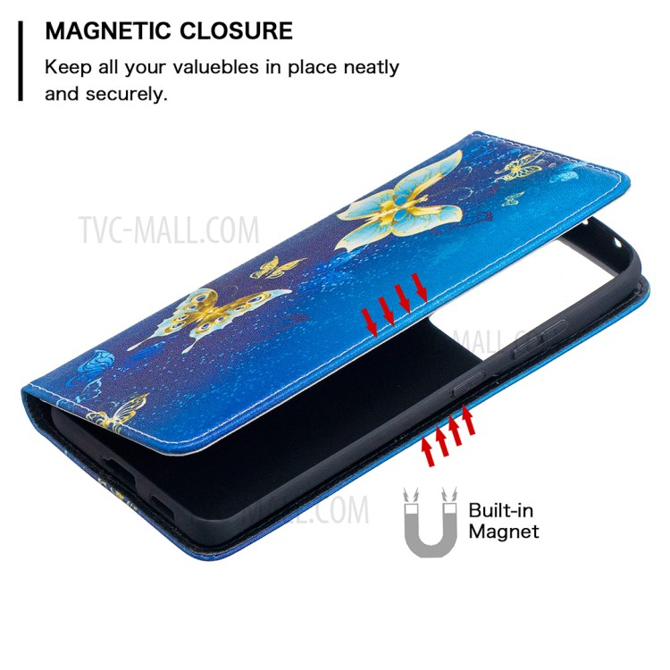 Automatic Suction PU Leather Wallet Stand Phone Case with Pattern Printing for Samsung Galaxy S21 Ultra - Golden Butterflies-3