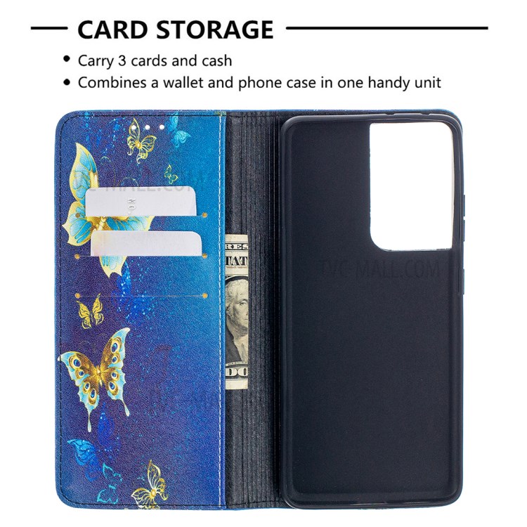 Automatic Suction PU Leather Wallet Stand Phone Case with Pattern Printing for Samsung Galaxy S21 Ultra - Golden Butterflies-4