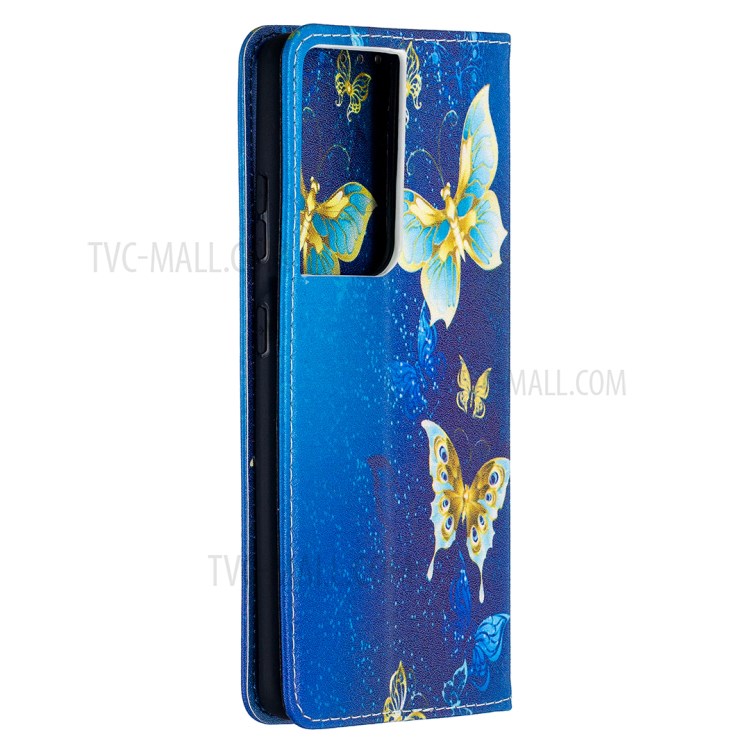 Automatic Suction PU Leather Wallet Stand Phone Case with Pattern Printing for Samsung Galaxy S21 Ultra - Golden Butterflies-8