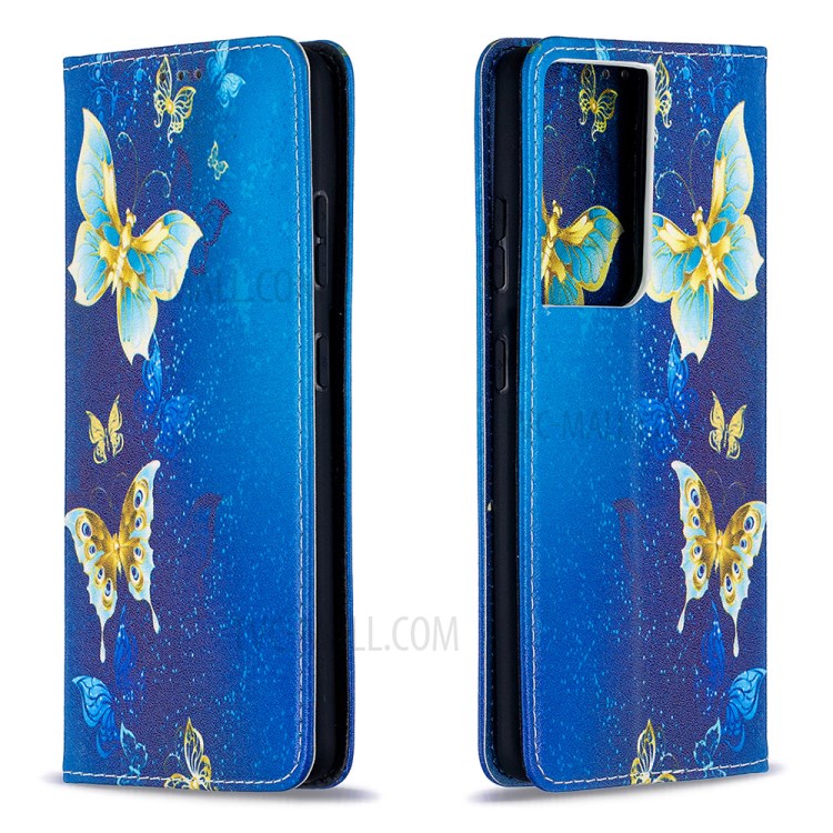 Automatic Suction PU Leather Wallet Stand Phone Case with Pattern Printing for Samsung Galaxy S21 Ultra - Golden Butterflies-9