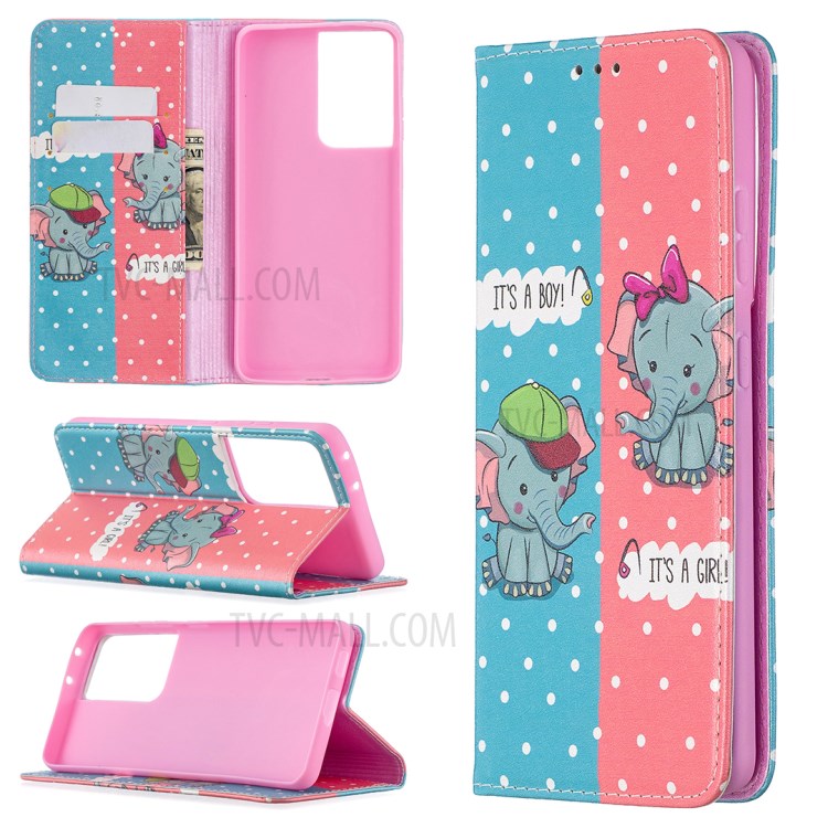 Automatic Suction PU Leather Wallet Stand Phone Case with Pattern Printing for Samsung Galaxy S21 Ultra 5G - Elephants-1
