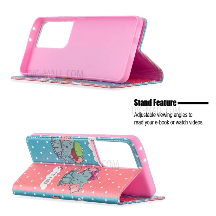 Automatic Suction PU Leather Wallet Stand Phone Case with Pattern Printing for Samsung Galaxy S21 Ultra 5G - Elephants-2