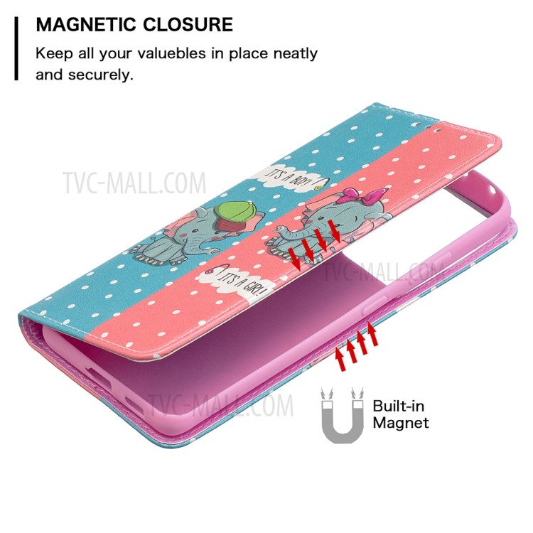 Automatic Suction PU Leather Wallet Stand Phone Case with Pattern Printing for Samsung Galaxy S21 Ultra 5G - Elephants-3