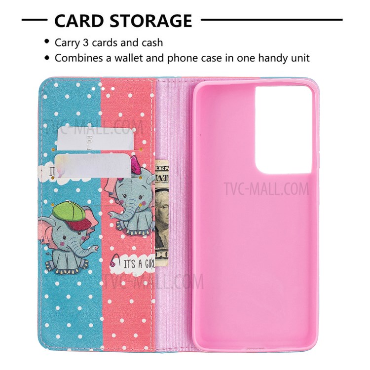 Automatic Suction PU Leather Wallet Stand Phone Case with Pattern Printing for Samsung Galaxy S21 Ultra 5G - Elephants-4