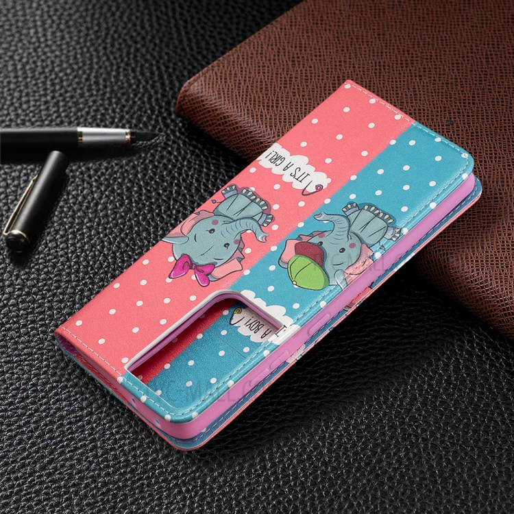 Automatic Suction PU Leather Wallet Stand Phone Case with Pattern Printing for Samsung Galaxy S21 Ultra 5G - Elephants-6
