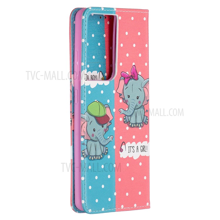 Automatic Suction PU Leather Wallet Stand Phone Case with Pattern Printing for Samsung Galaxy S21 Ultra 5G - Elephants-8