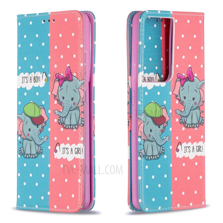 Automatic Suction PU Leather Wallet Stand Phone Case with Pattern Printing for Samsung Galaxy S21 Ultra 5G - Elephants-9