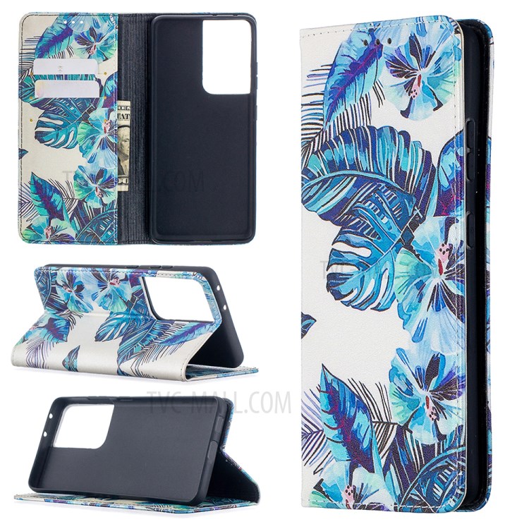 Automatic Suction PU Leather Wallet Stand Phone Case with Pattern Printing for Samsung Galaxy S21 Ultra 5G - Blue Leaves-1