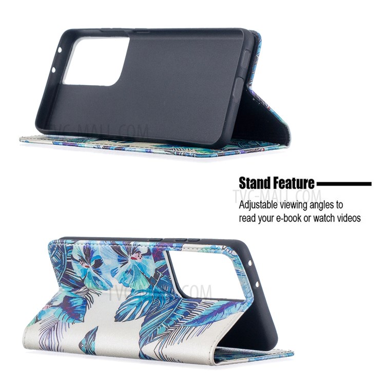 Automatic Suction PU Leather Wallet Stand Phone Case with Pattern Printing for Samsung Galaxy S21 Ultra 5G - Blue Leaves-2