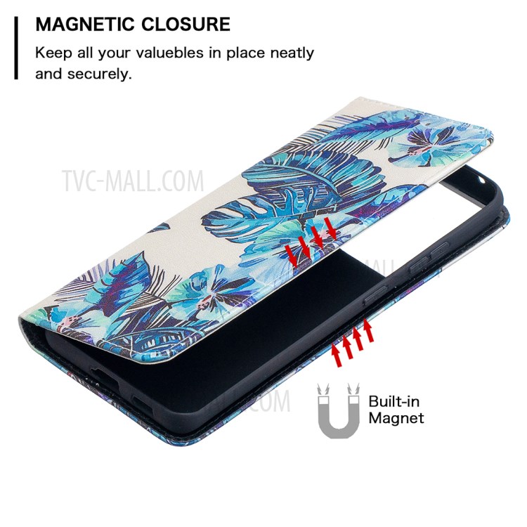 Automatic Suction PU Leather Wallet Stand Phone Case with Pattern Printing for Samsung Galaxy S21 Ultra 5G - Blue Leaves-3