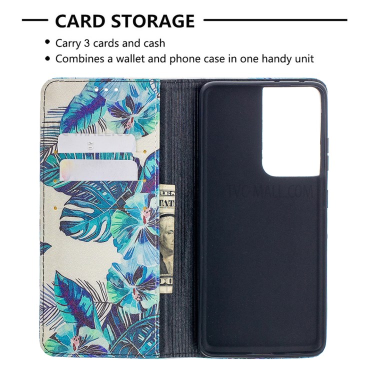 Automatic Suction PU Leather Wallet Stand Phone Case with Pattern Printing for Samsung Galaxy S21 Ultra 5G - Blue Leaves-4