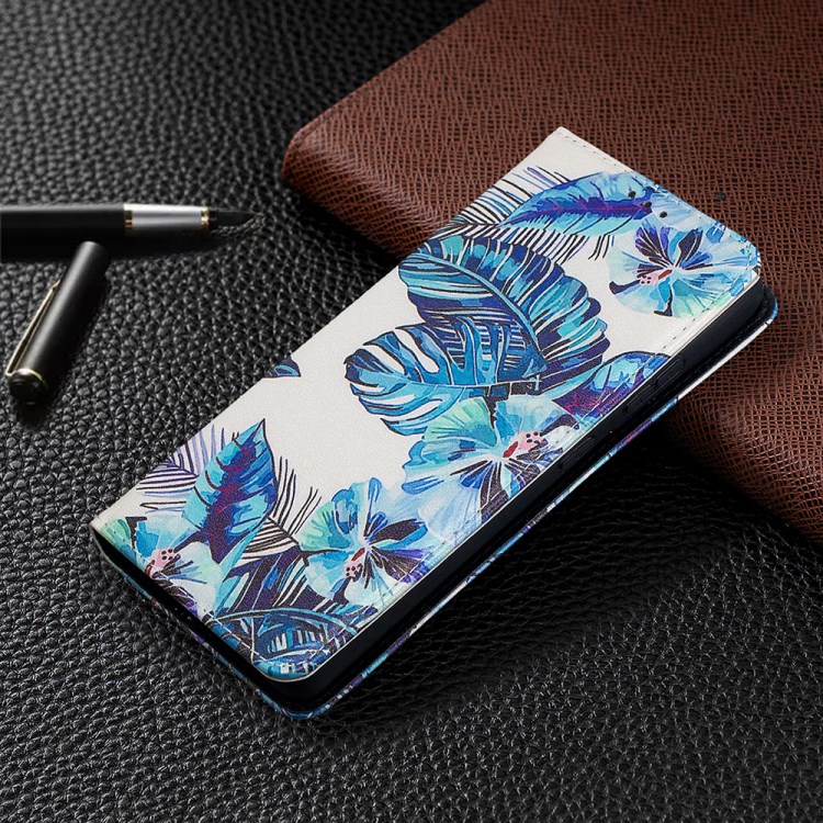 Automatic Suction PU Leather Wallet Stand Phone Case with Pattern Printing for Samsung Galaxy S21 Ultra 5G - Blue Leaves-5