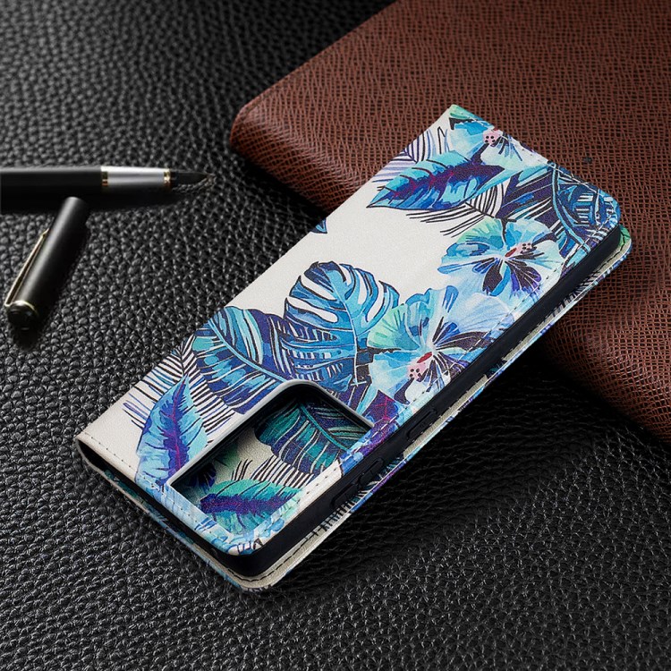 Automatic Suction PU Leather Wallet Stand Phone Case with Pattern Printing for Samsung Galaxy S21 Ultra 5G - Blue Leaves-6