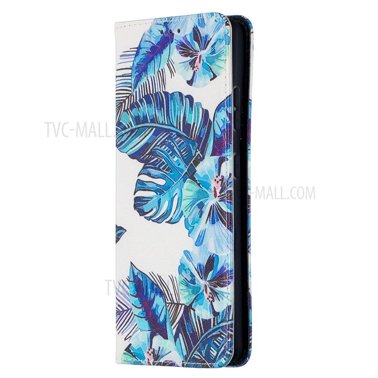 Automatic Suction PU Leather Wallet Stand Phone Case with Pattern Printing for Samsung Galaxy S21 Ultra 5G - Blue Leaves-7