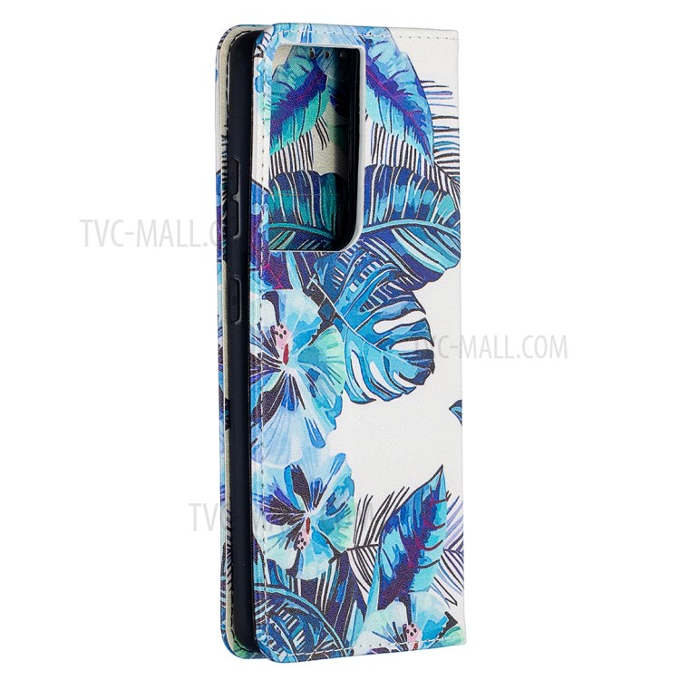 Automatic Suction PU Leather Wallet Stand Phone Case with Pattern Printing for Samsung Galaxy S21 Ultra 5G - Blue Leaves-8