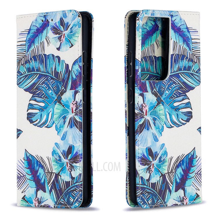 Automatic Suction PU Leather Wallet Stand Phone Case with Pattern Printing for Samsung Galaxy S21 Ultra 5G - Blue Leaves-9